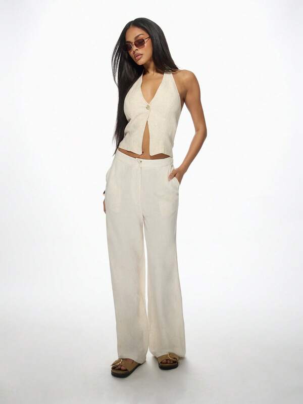 Missguided MISSGUIDED Linen Blend Halter Waistcoat Button Front Tank Top