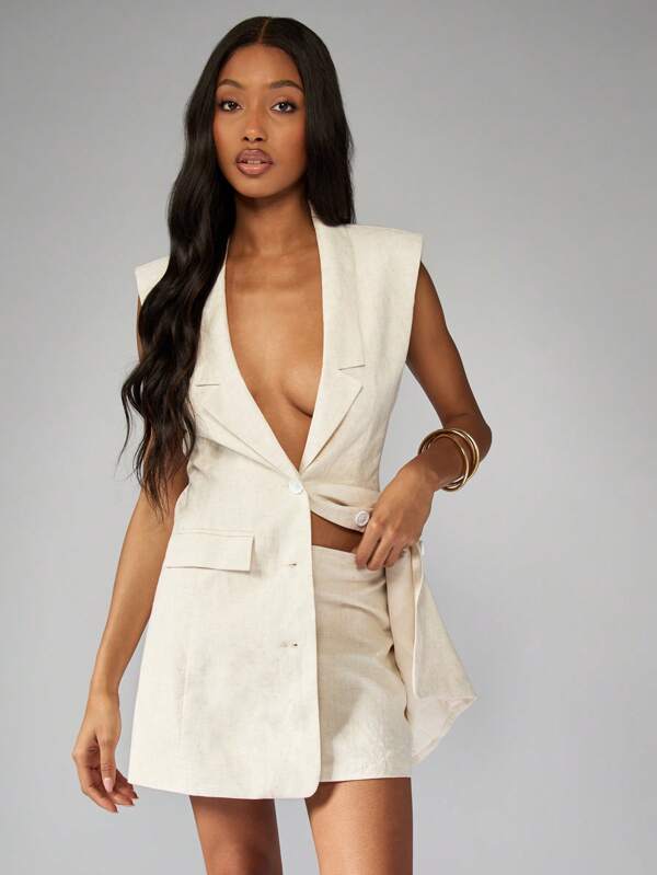 missguided MISSGUIDED Linen Blend Sleeveless Blazer Mini Skirt Co Ord Two-Piece Outfits