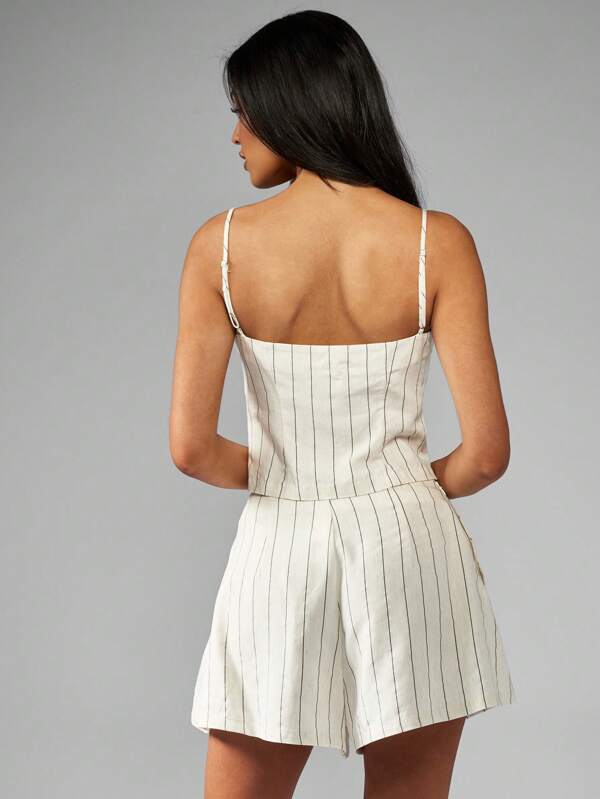 Missguided MISSGUIDED Linen Blend Striped Button-Front Cropped Tank