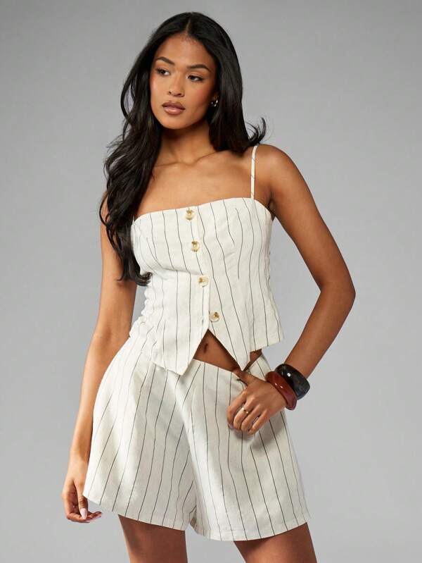 missguided MISSGUIDED Linen Blend Striped Button-Front Cropped Tank
