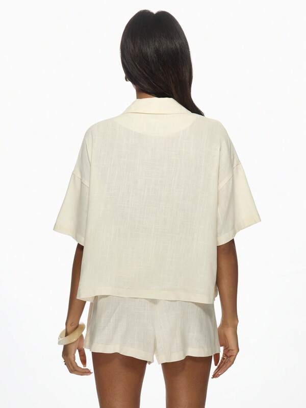 Missguided MISSGUIDED Linen Blend Tie Front Blouse High Waist Shorts Two-Piece Set