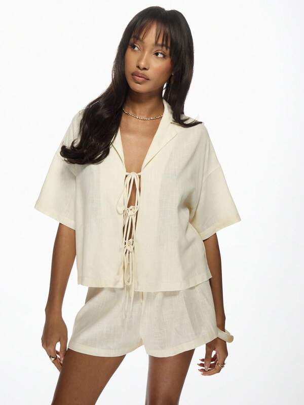 missguided MISSGUIDED Linen Blend Tie Front Blouse High Waist Shorts Two-Piece Set