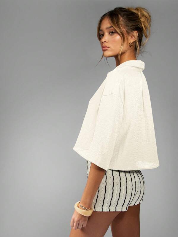 Missguided MISSGUIDED Linen Boxy Oversized Collared Button Down Cropped Half Sleeve Blouse