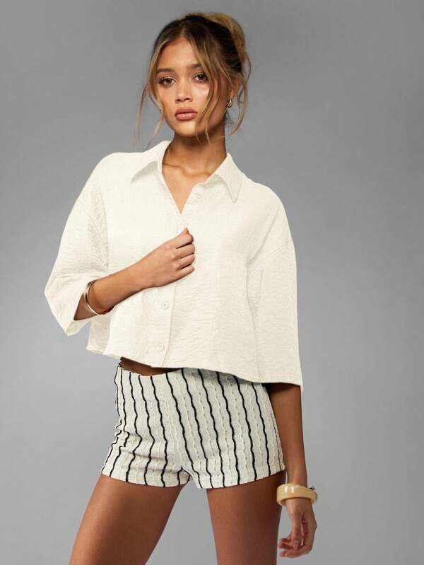 missguided MISSGUIDED Linen Boxy Oversized Collared Button Down Cropped Half Sleeve Blouse