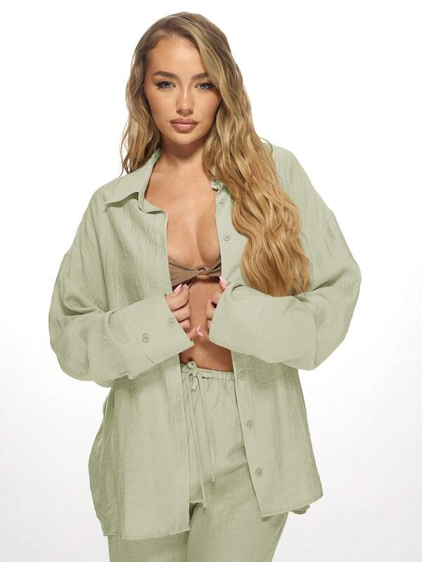 Missguided MISSGUIDED Linen Breathable Loose Shirt Palazzo Pants Set