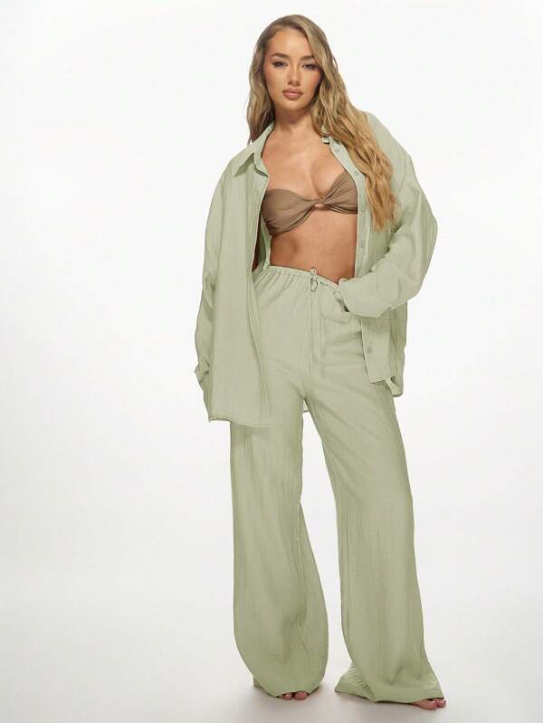 missguided MISSGUIDED Linen Breathable Loose Shirt Palazzo Pants Set