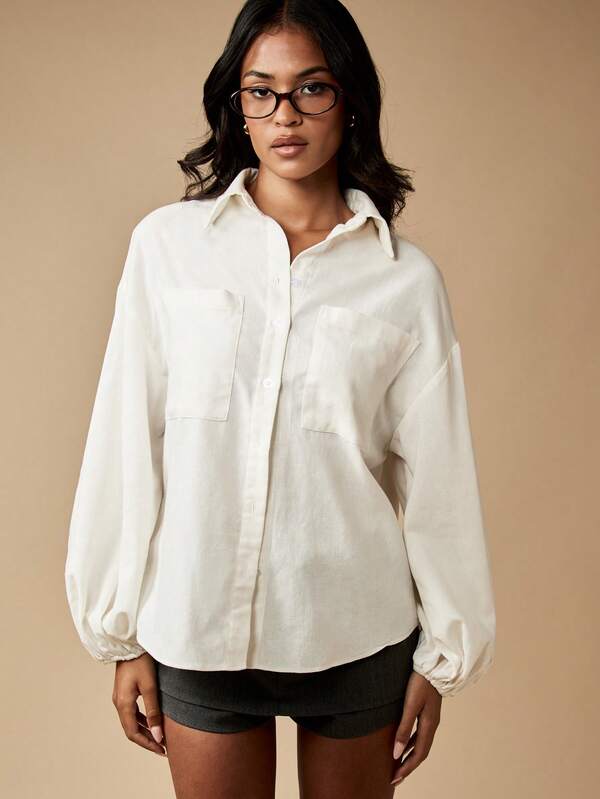 Missguided MISSGUIDED Linen Button Down Blouse With Balloon Sleeves And Collar