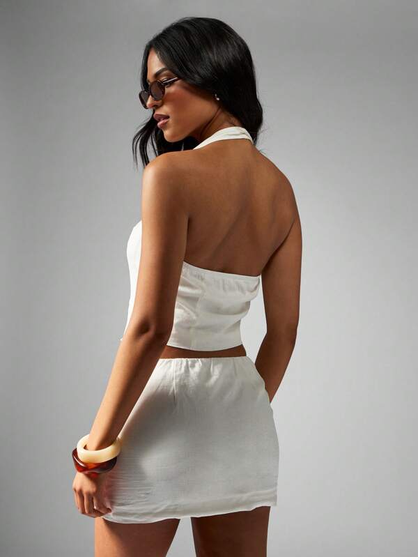 Missguided MISSGUIDED Linen Button Front Halter Skirt Two-Piece Outfit