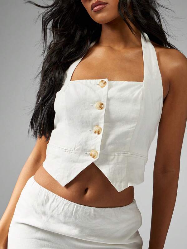 Missguided MISSGUIDED Linen Button Front Halter Skirt Two-Piece Outfit