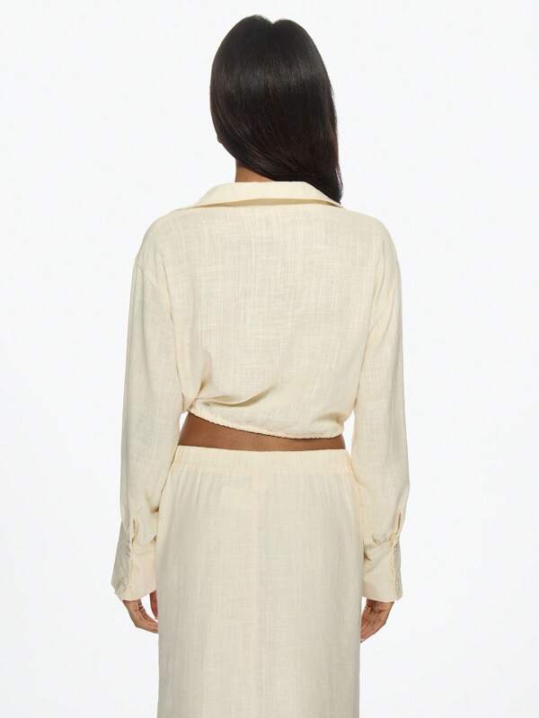 Missguided MISSGUIDED Linen Button-Up Crop Long Sleeve Blouse