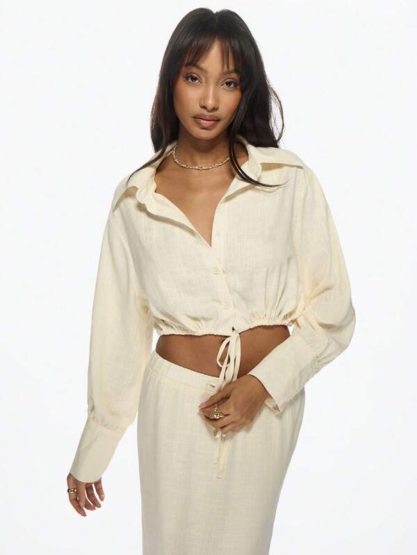 Missguided MISSGUIDED Linen Button-Up Crop Long Sleeve Blouse