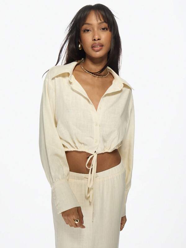 missguided MISSGUIDED Linen Button-Up Crop Long Sleeve Blouse