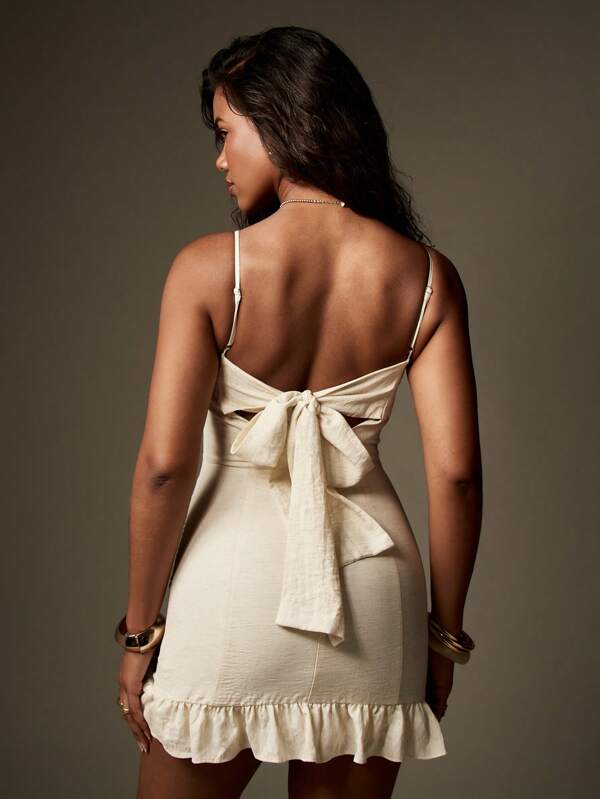 Missguided MISSGUIDED Linen Cami With Ruffle Hem Spaghetti Strap Fitted Bodycon Mini Dress