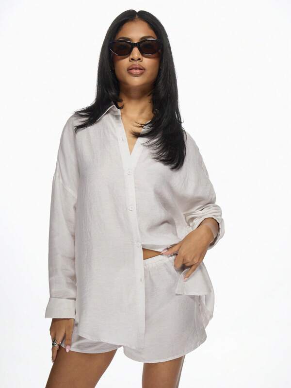 missguided MISSGUIDED Linen Coordinated Button-Down Shirt Shorts Two Piece