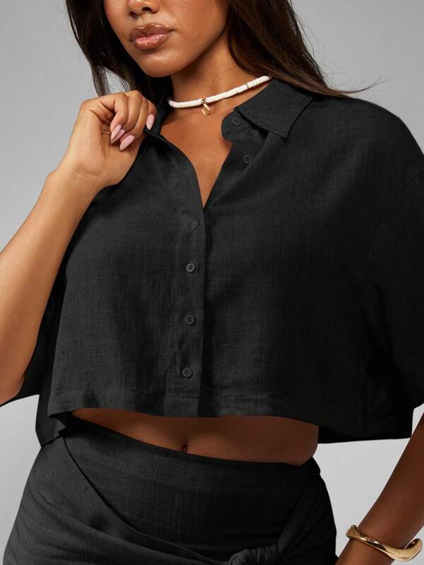Missguided MISSGUIDED Linen Crop Shirt And Mini Wrap Skirt Set