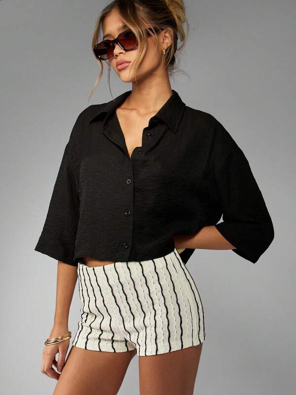 Missguided MISSGUIDED Linen Cropped Boxy Fit Collared Button Down Blouse
