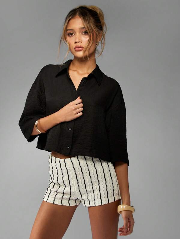 missguided MISSGUIDED Linen Cropped Boxy Fit Collared Button Down Blouse