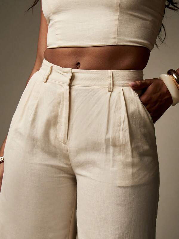 Missguided MISSGUIDED Linen Cropped Tank Top Wide Leg Two-Piece Outfit