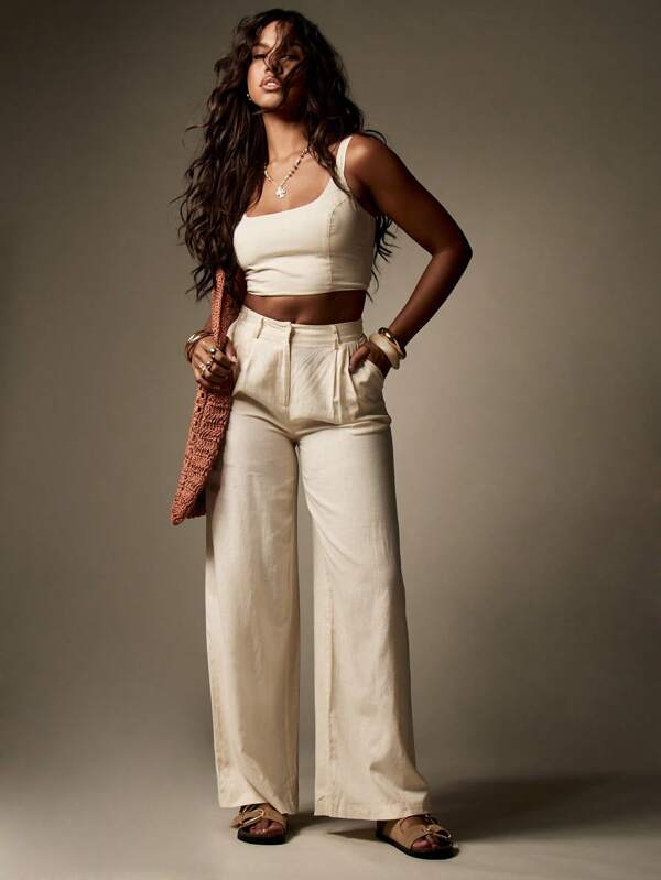 missguided MISSGUIDED Linen Cropped Tank Top Wide Leg Two-Piece Outfit