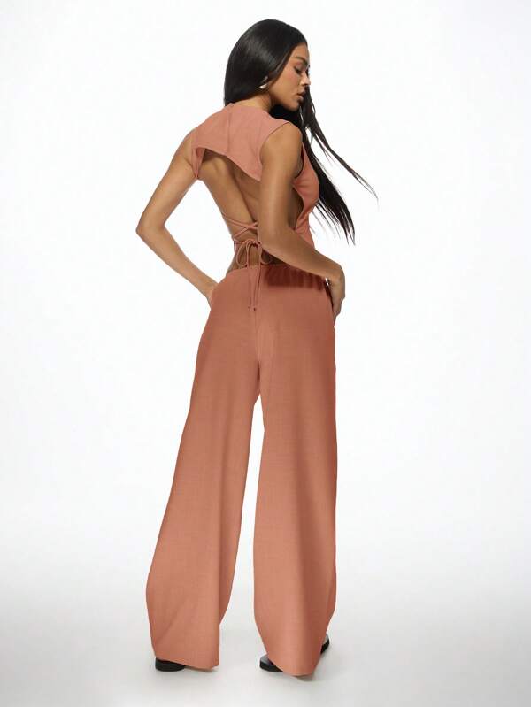 Missguided MISSGUIDED Linen Feel Backless Crop Top Wide Leg Palazzo Pants Two Piece Outfit
