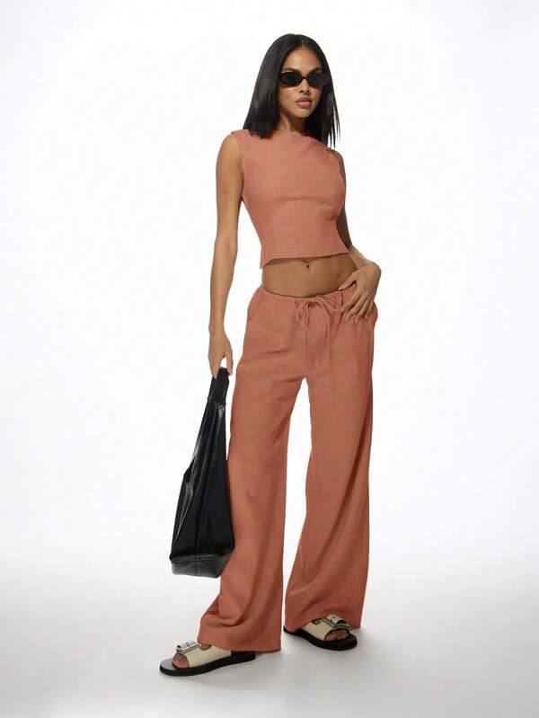Missguided MISSGUIDED Linen Feel Backless Crop Top Wide Leg Palazzo Pants Two Piece Outfit