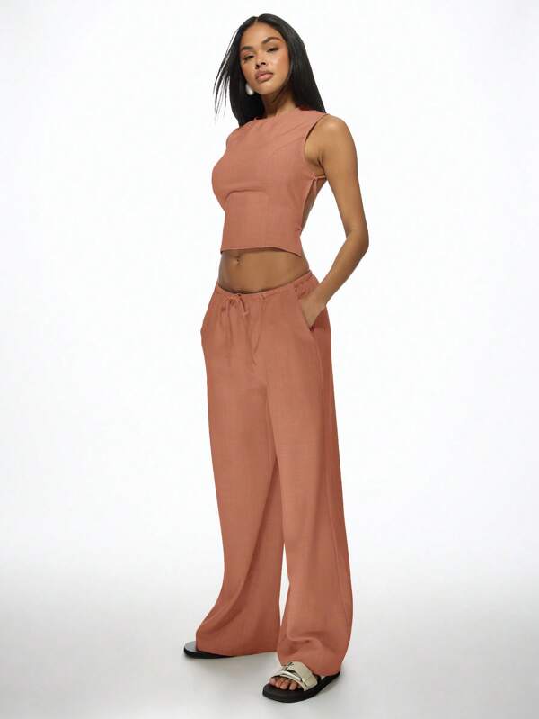 missguided MISSGUIDED Linen Feel Backless Crop Top Wide Leg Palazzo Pants Two Piece Outfit