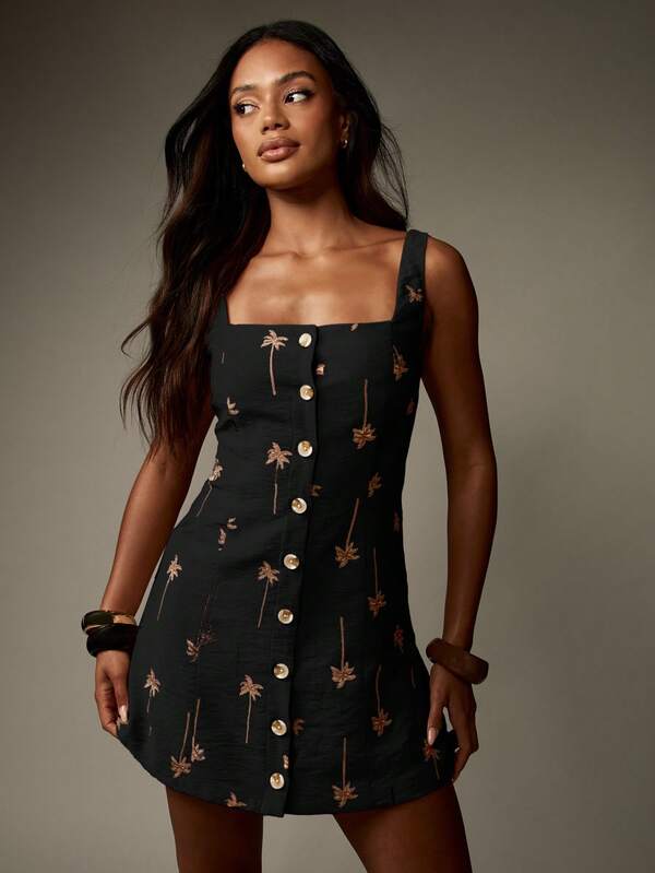Missguided MISSGUIDED Linen Feel Button Down Mini Dress With Palm Tree Embroidery