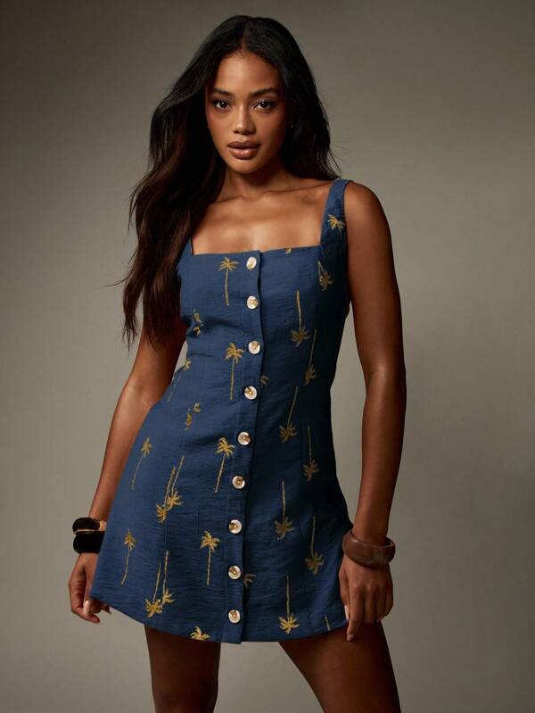 missguided MISSGUIDED Linen Feel Button Down Mini Dress With Palm Tree Embroidery