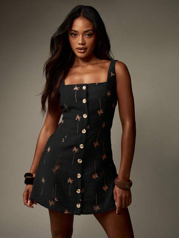 missguided MISSGUIDED Linen Feel Button Down Mini Dress With Palm Tree Embroidery