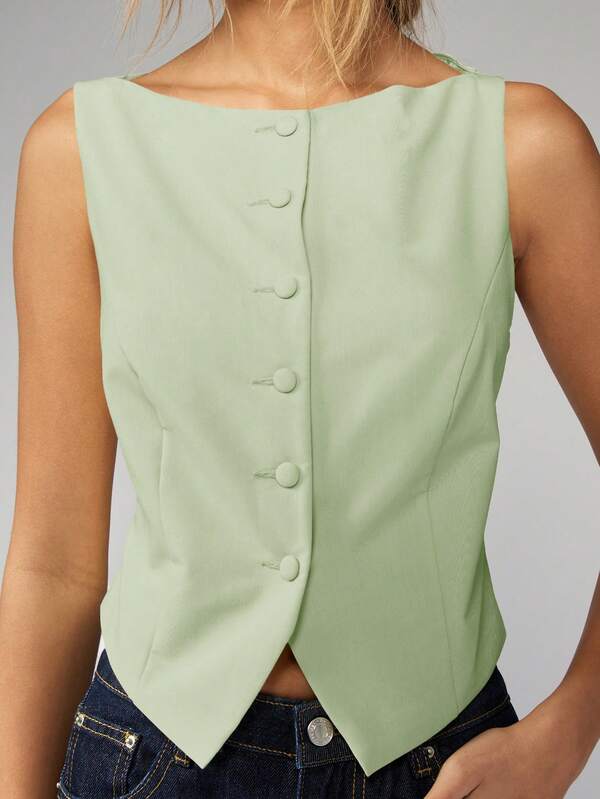 Missguided MISSGUIDED Linen Feel Buttoned Back Sleeveless Waistcoat Vest Tank Top
