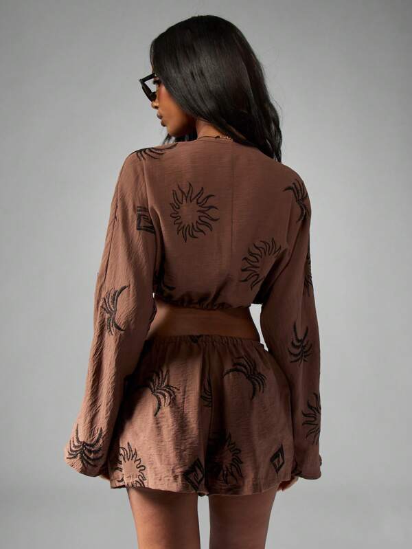 Missguided MISSGUIDED Linen Feel Co Ord Set With Sun Pattern And Tie Detail