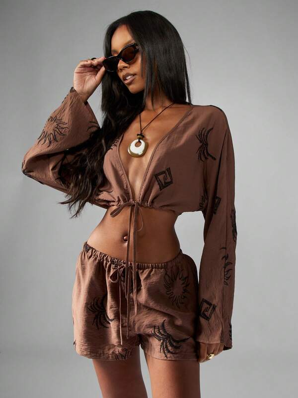 Missguided MISSGUIDED Linen Feel Co Ord Set With Sun Pattern And Tie Detail