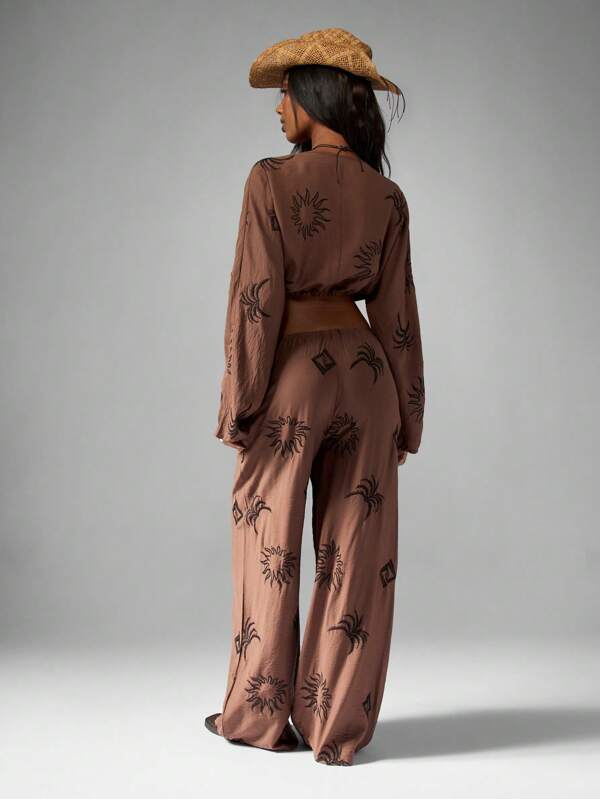Missguided MISSGUIDED Linen Feel Crop Top And Wide Leg Pants With Western Embroidery