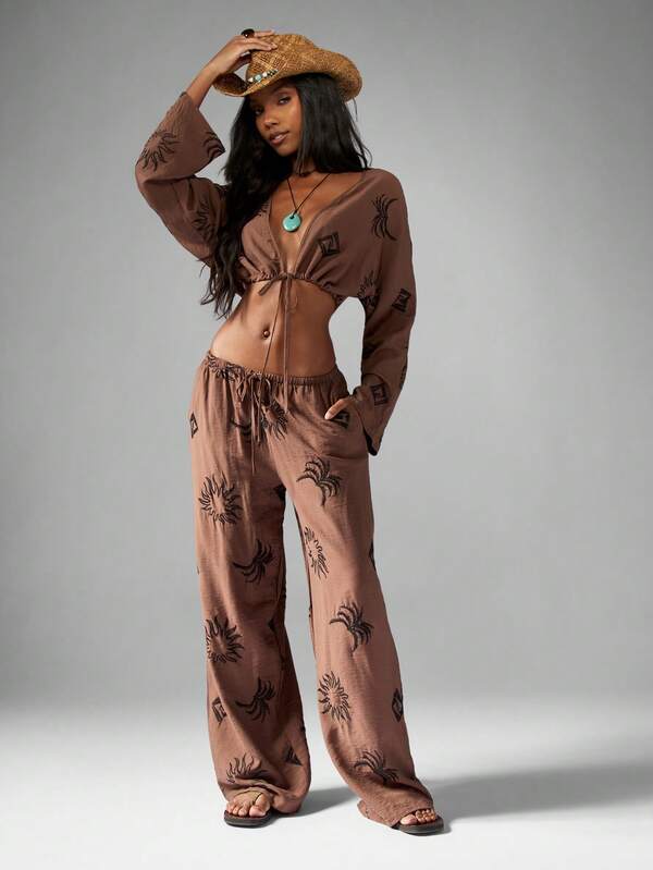 Missguided MISSGUIDED Linen Feel Crop Top And Wide Leg Pants With Western Embroidery