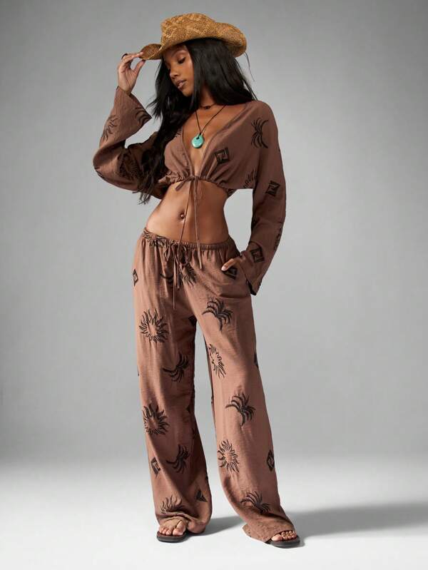 missguided MISSGUIDED Linen Feel Crop Top And Wide Leg Pants With Western Embroidery