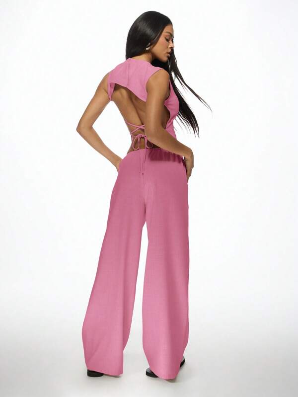 Missguided MISSGUIDED Linen Feel Crop Top Wide Leg Pants Drawstring Waist Two Piece Outfit
