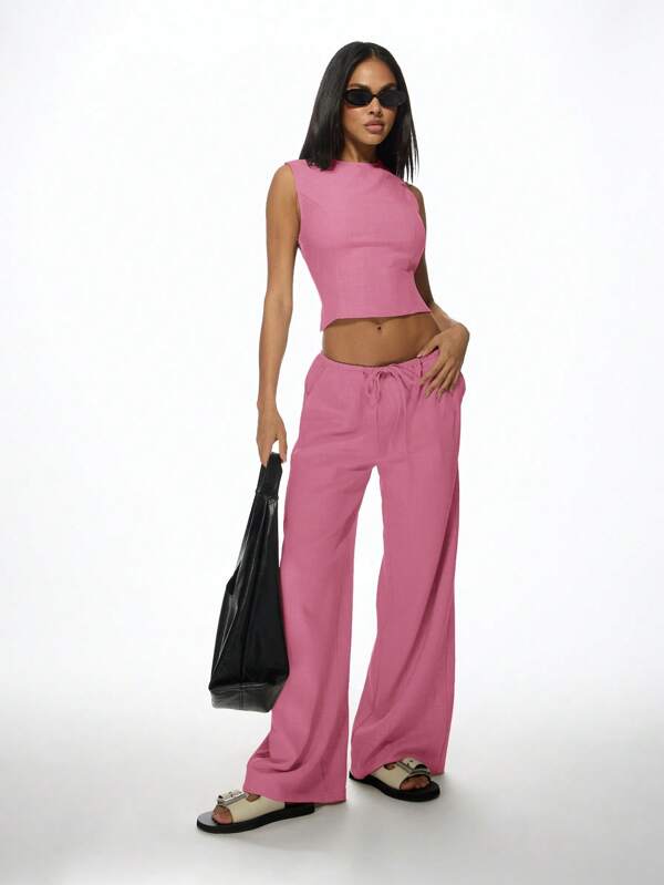 Missguided MISSGUIDED Linen Feel Crop Top Wide Leg Pants Drawstring Waist Two Piece Outfit