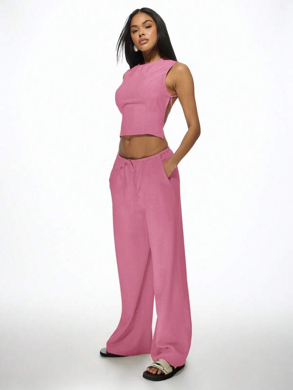missguided MISSGUIDED Linen Feel Crop Top Wide Leg Pants Drawstring Waist Two Piece Outfit