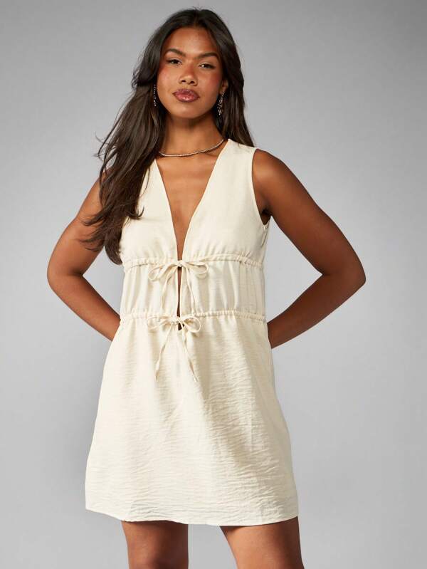 Missguided MISSGUIDED Linen Feel Drawstring Tiered Sleeveless V Neck Empire Waist Mini Dress