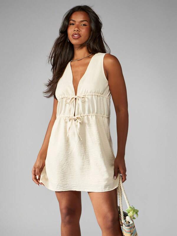 missguided MISSGUIDED Linen Feel Drawstring Tiered Sleeveless V Neck Empire Waist Mini Dress