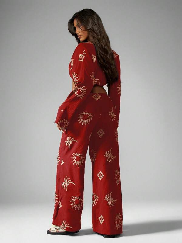 Missguided MISSGUIDED Linen Feel Embroidered Palm Suns Long Sleeve Co Ord Set