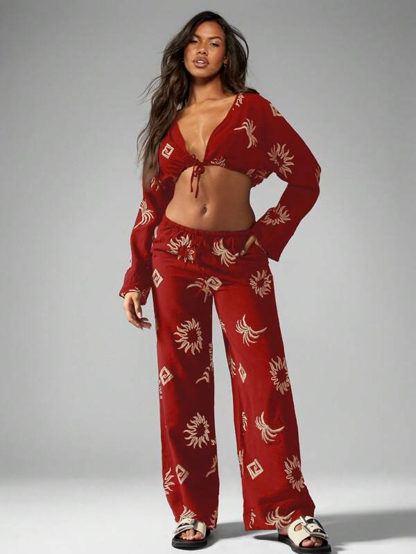 missguided MISSGUIDED Linen Feel Embroidered Palm Suns Long Sleeve Co Ord Set