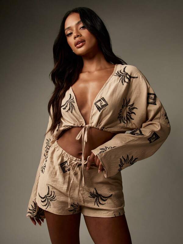 missguided MISSGUIDED Linen Feel Embroidered Sun Pattern Two Piece Crop Top Shorts Set