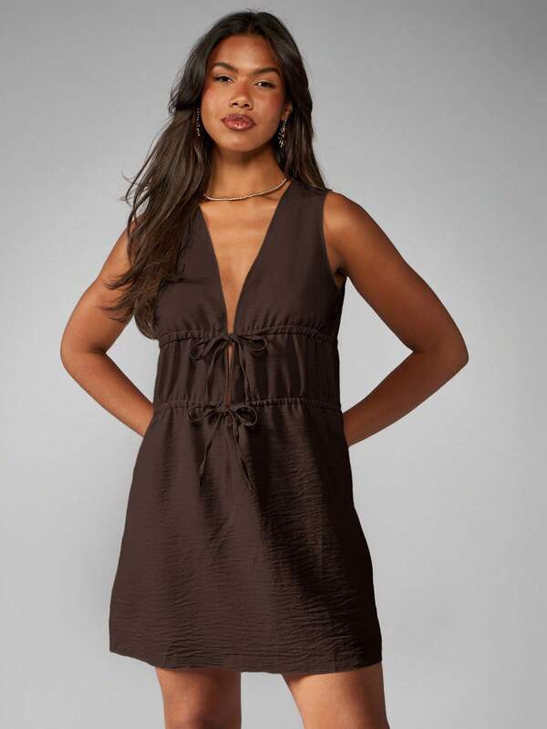 Missguided MISSGUIDED Linen Feel Empire Waist Deep V-Neck Double Tie Front Mini Dress