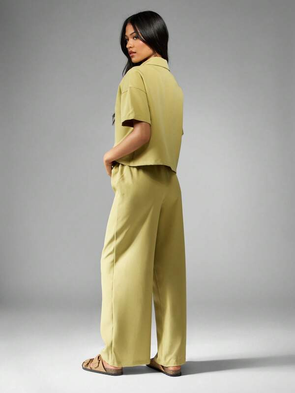 Missguided MISSGUIDED Linen Feel Lace Up Shirt Wide Leg Pants Two Piece