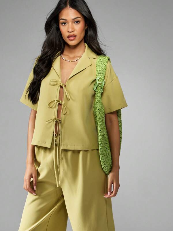 Missguided MISSGUIDED Linen Feel Lace Up Shirt Wide Leg Pants Two Piece