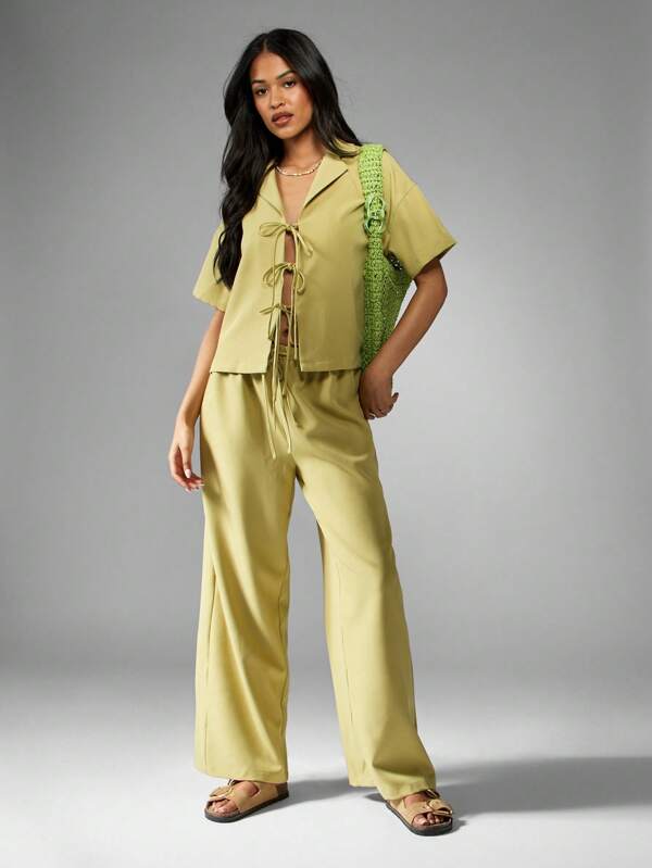 missguided MISSGUIDED Linen Feel Lace Up Shirt Wide Leg Pants Two Piece