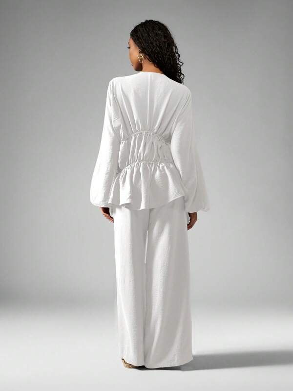 Missguided MISSGUIDED Linen Feel Long Sleeve Tiered Blouse Wide Leg Trousers Co Ord