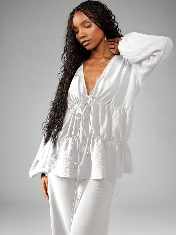 Missguided MISSGUIDED Linen Feel Long Sleeve Tiered Blouse Wide Leg Trousers Co Ord