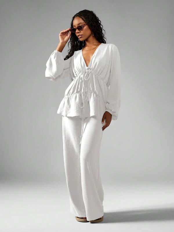 missguided MISSGUIDED Linen Feel Long Sleeve Tiered Blouse Wide Leg Trousers Co Ord